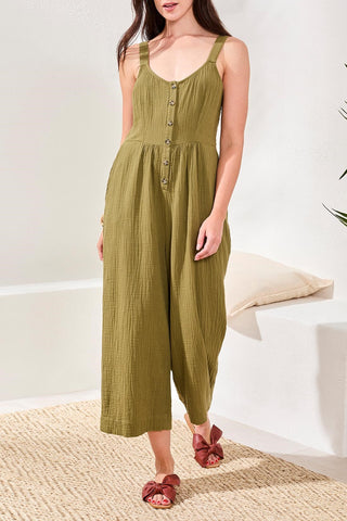 Crinkled Gauze Jumpsuit With Smocking At Back-Rainforest