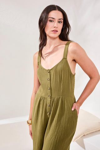 Crinkled Gauze Jumpsuit With Smocking At Back-Rainforest