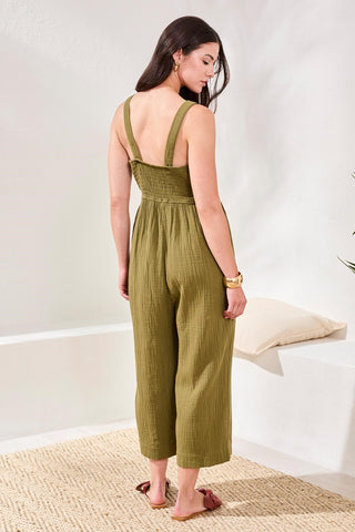 Crinkled Gauze Jumpsuit With Smocking At Back-Rainforest