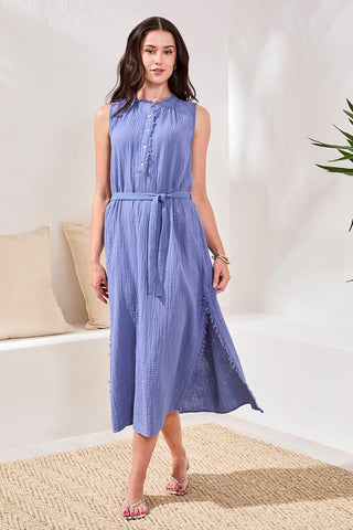Crinkle Gauze Button-Front Belted Midi Dress-Seahaven
