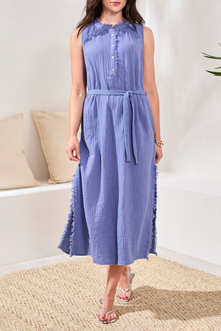 Crinkle Gauze Button-Front Belted Midi Dress-Seahaven