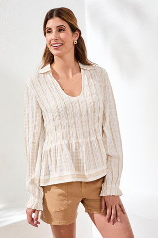 Crinkled U‑Neck Long Sleeve Smocked Blouse-Sesame