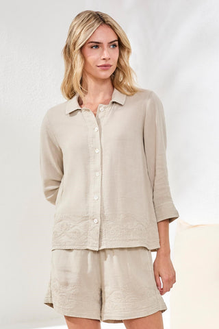 Crosshatch Embroidered 3/4 Sleeve Blouse-Quartz