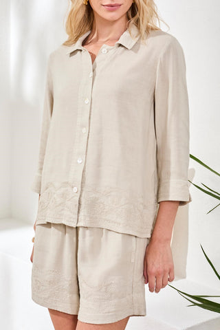 Crosshatch Embroidered 3/4 Sleeve Blouse-Quartz