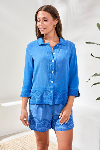 Crosshatch Embroidered 3/4 Sleeve Button-Front Shirt-Turkishsea