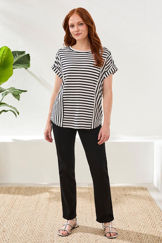 Relaxed Cuffed Short Sleeve Stripe Top-Black