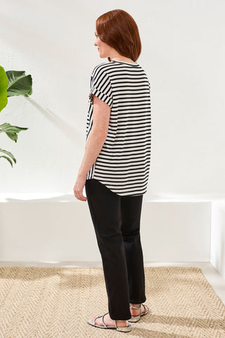 Relaxed Cuffed Short Sleeve Stripe Top-Black