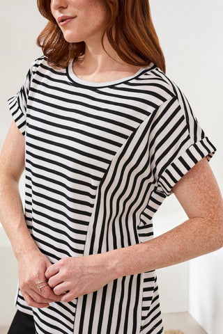 Relaxed Cuffed Short Sleeve Stripe Top-Black