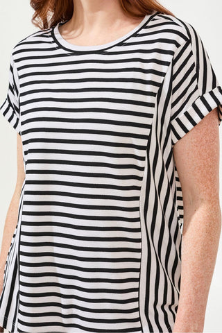 Relaxed Cuffed Short Sleeve Stripe Top-Black
