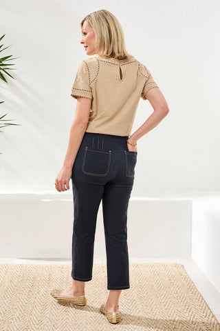 Capri Évasé En Bengaline Effet Denim À Surpiqûres-Bleu Jet