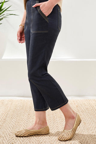 Capri Évasé En Bengaline Effet Denim À Surpiqûres-Bleu Jet