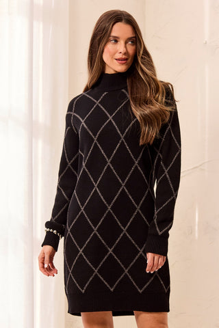 Diamond Intarsia Mock Neck Long Sleeve Sweater Dress-Black