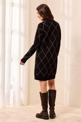 Diamond Intarsia Mock Neck Long Sleeve Sweater Dress-Black