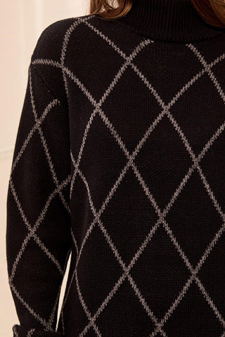 Diamond Intarsia Mock Neck Long Sleeve Sweater Dress-Black