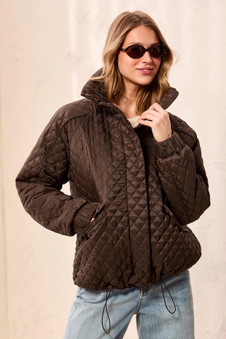 Diamond Quilted Mock Neck Puffer Bomber Coat-Dk basil