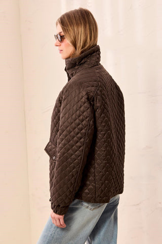 Diamond Quilted Mock Neck Puffer Bomber Coat-Dk basil
