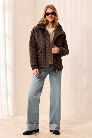 Diamond Quilted Mock Neck Puffer Bomber Coat-Dk basil