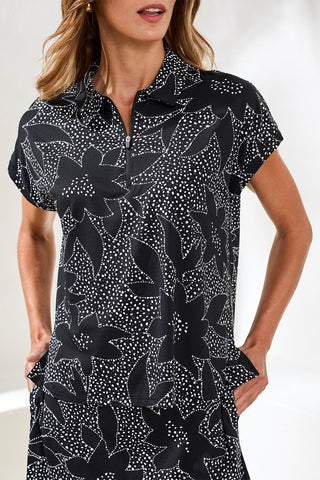 UPF 50+ High Performance Dolman Zip-Front Sport Top -Black floral
