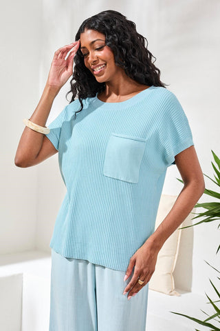 Dolman Short Sleeve Ribbed Knit Top With Pocket-Ltaquasky