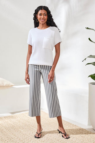 Dolman Short Sleeve Ribbed Knit Top With Pocket-White