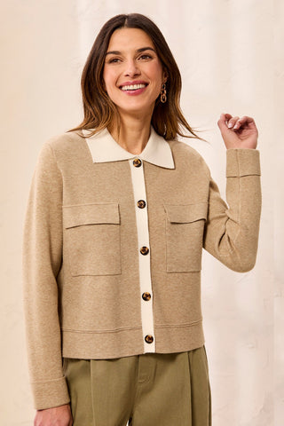 Double knit Long Sleeve Button-Front Collared Cardigan-Fossil