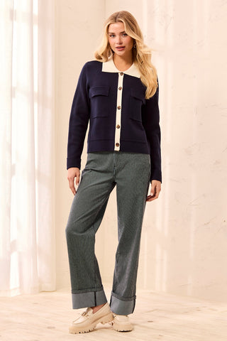 Double knit Long Sleeve Button-Front Collared Cardigan-Sapphire