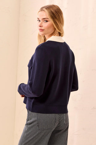 Double knit Long Sleeve Button-Front Collared Cardigan-Sapphire