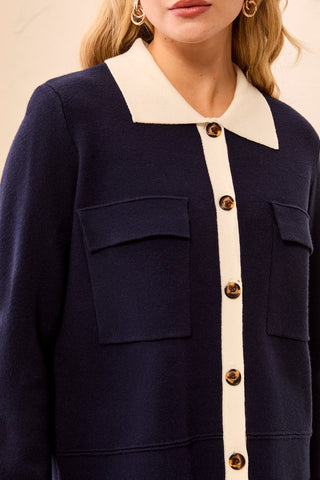 Double knit Long Sleeve Button-Front Collared Cardigan-Sapphire