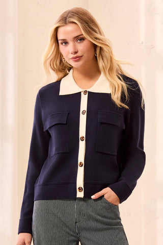 Double knit Long Sleeve Button-Front Collared Cardigan-Sapphire