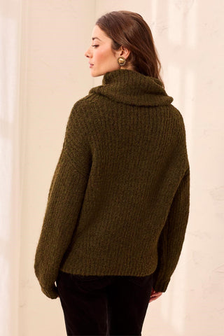 Drama Funnel Neck Long Puff Sleeve Textured Sweater-H cedar green