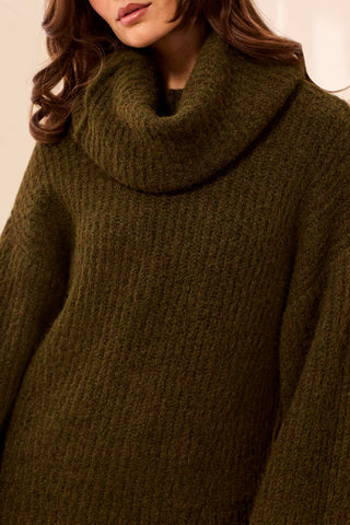 Drama Funnel Neck Long Puff Sleeve Textured Sweater-H cedar green