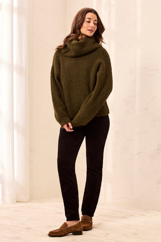 Drama Funnel Neck Long Puff Sleeve Textured Sweater-H cedar green