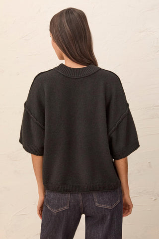 Lightweight Drop Shoulder Crew Neck Elbow Sleeve Sweater-Black