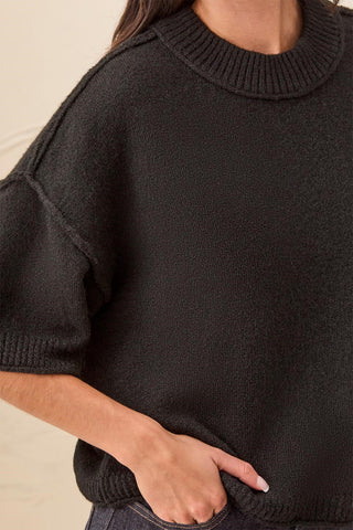 Lightweight Drop Shoulder Crew Neck Elbow Sleeve Sweater-Black
