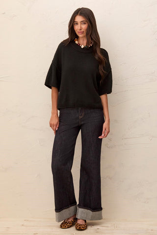 Lightweight Drop Shoulder Crew Neck Elbow Sleeve Sweater-Black
