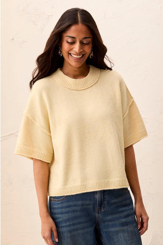 Lightweight Drop Shoulder Crew Neck Elbow Sleeve Sweater-H chantilly