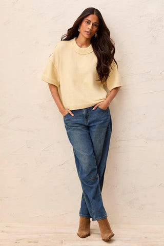 Lightweight Drop Shoulder Crew Neck Elbow Sleeve Sweater-H chantilly