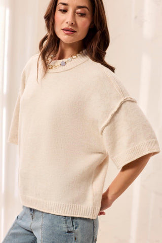 Lightweight Drop Shoulder Crew Neck Elbow Sleeve Sweater-H cream