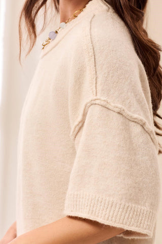 Lightweight Drop Shoulder Crew Neck Elbow Sleeve Sweater-H cream