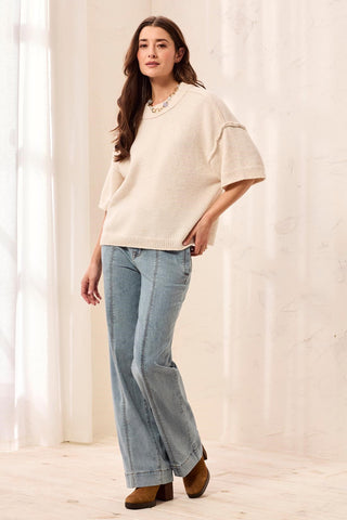 Lightweight Drop Shoulder Crew Neck Elbow Sleeve Sweater-H cream