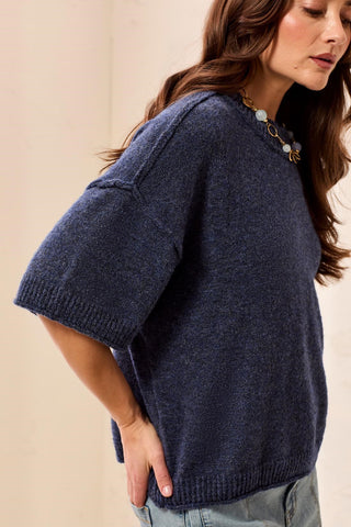 Lightweight Drop Shoulder Crew Neck Elbow Sleeve Sweater-H nightfall