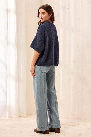 Lightweight Drop Shoulder Crew Neck Elbow Sleeve Sweater-H nightfall