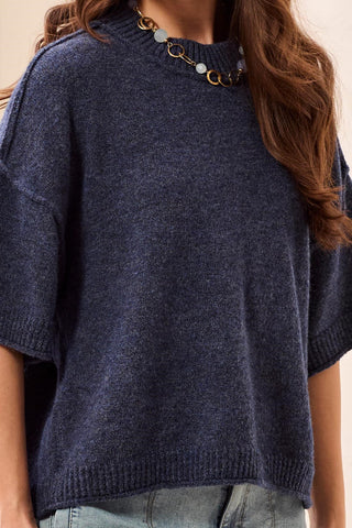 Lightweight Drop Shoulder Crew Neck Elbow Sleeve Sweater-H nightfall