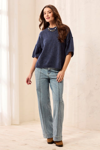 Lightweight Drop Shoulder Crew Neck Elbow Sleeve Sweater-H nightfall