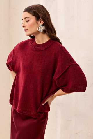 Lightweight Drop Shoulder Crew Neck Elbow Sleeve Sweater-H pinot