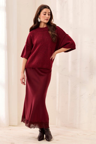 Lightweight Drop Shoulder Crew Neck Elbow Sleeve Sweater-H pinot