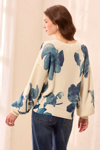 Drop Shoulder V-Neck Puff-Sleeve Printed Sweater-Cream