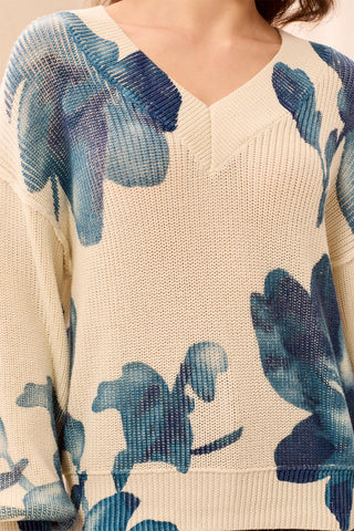 Drop Shoulder V-Neck Puff-Sleeve Printed Sweater-Cream