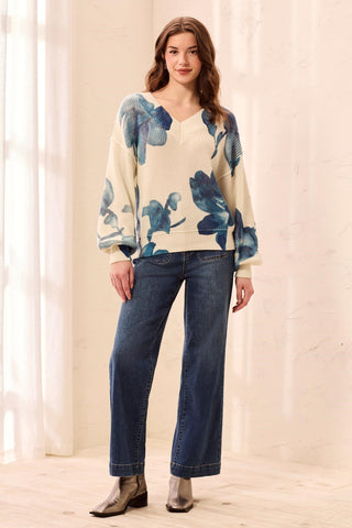 Drop Shoulder V-Neck Puff-Sleeve Printed Sweater-Cream