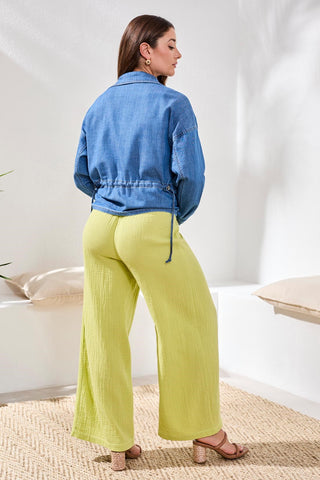 Crinkle Gauze Elastic Waist Flowy Pants-Greenbanana